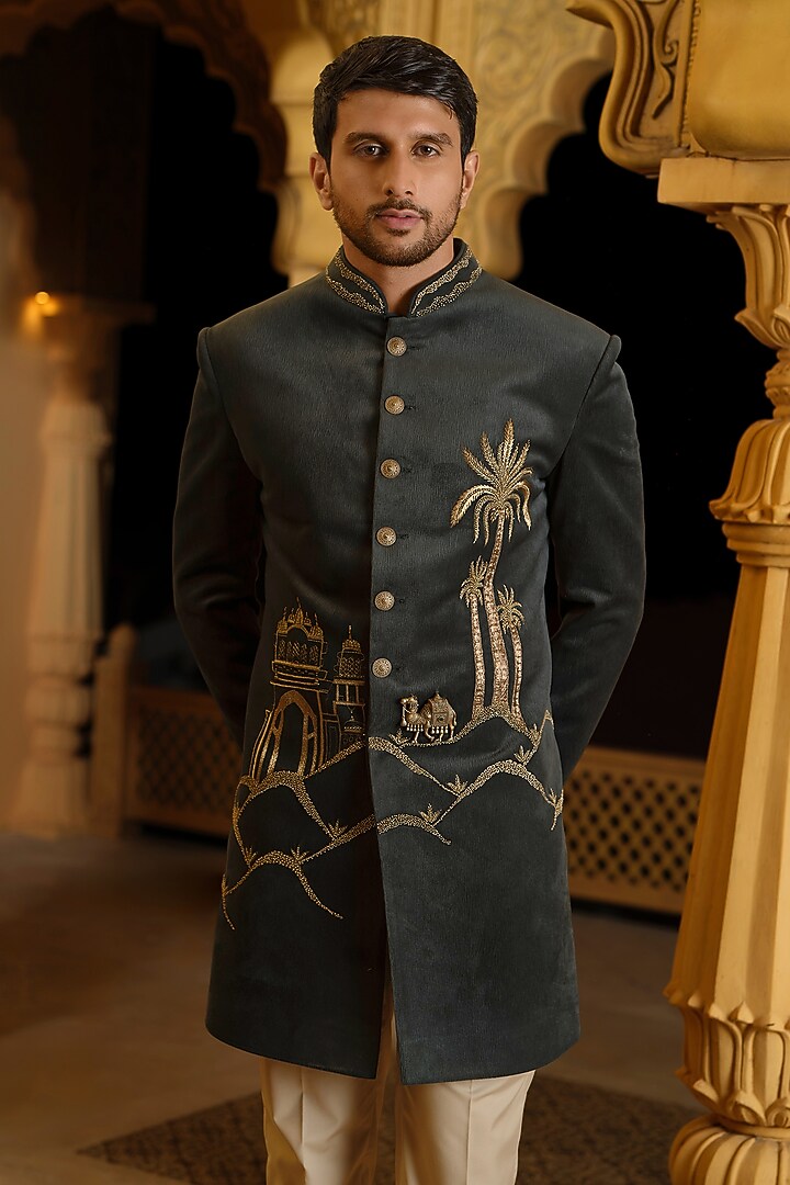 Green Textured Suede Wedding Indowestern Set by RE CHANNEL at Pernia's Pop Up Shop