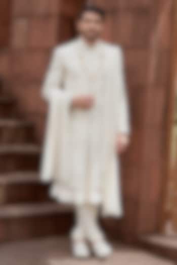 Gold Silk Cutdana Embroidered Groom Sherwani Set by RE CHANNEL at Pernia's Pop Up Shop