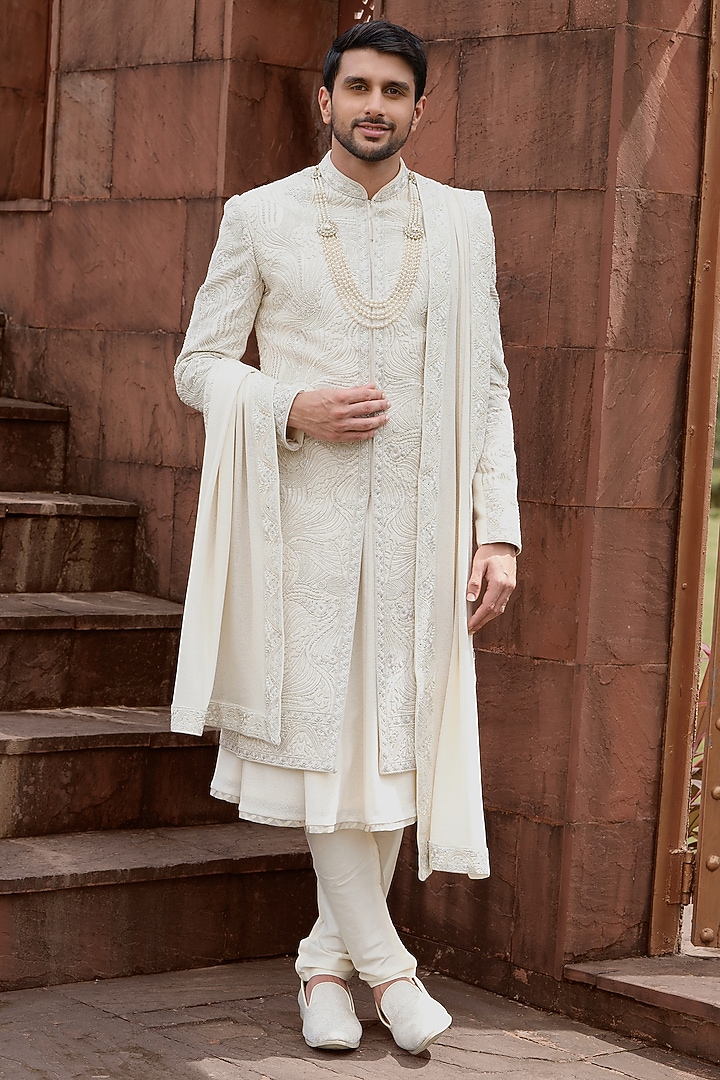 Gold Silk Cutdana Embroidered Groom Sherwani Set by RE CHANNEL at Pernia's Pop Up Shop