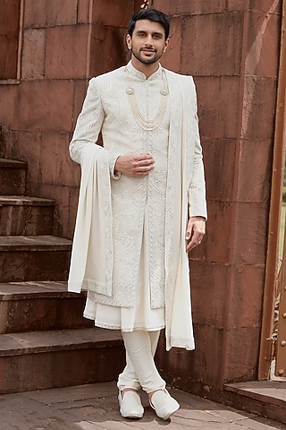 Gold Silk Cutdana Embroidered Sherwani Set by RE CHANNEL