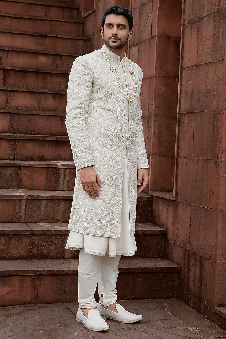 Gold Silk Cutdana Embroidered Groom Sherwani Set by RE CHANNEL at Pernia's Pop Up Shop
