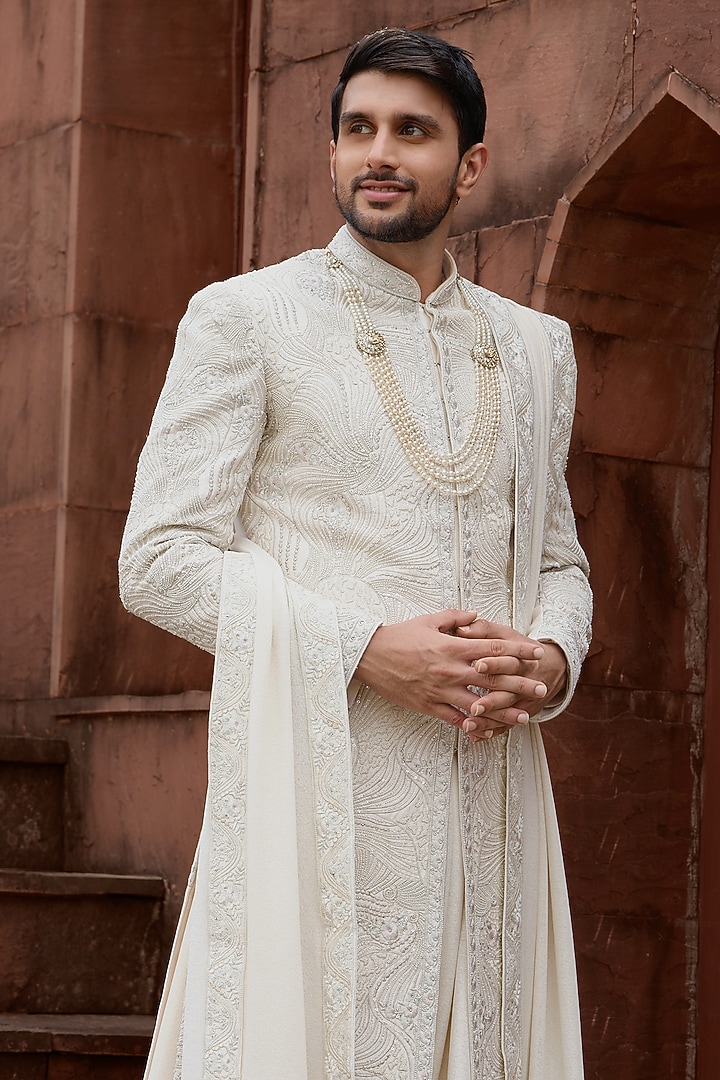 Gold Silk Cutdana Embroidered Groom Sherwani Set by RE CHANNEL at Pernia's Pop Up Shop