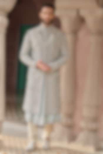 Sage Green Silk Cutdana Embroidered Groom Sherwani Set by RE CHANNEL at Pernia's Pop Up Shop