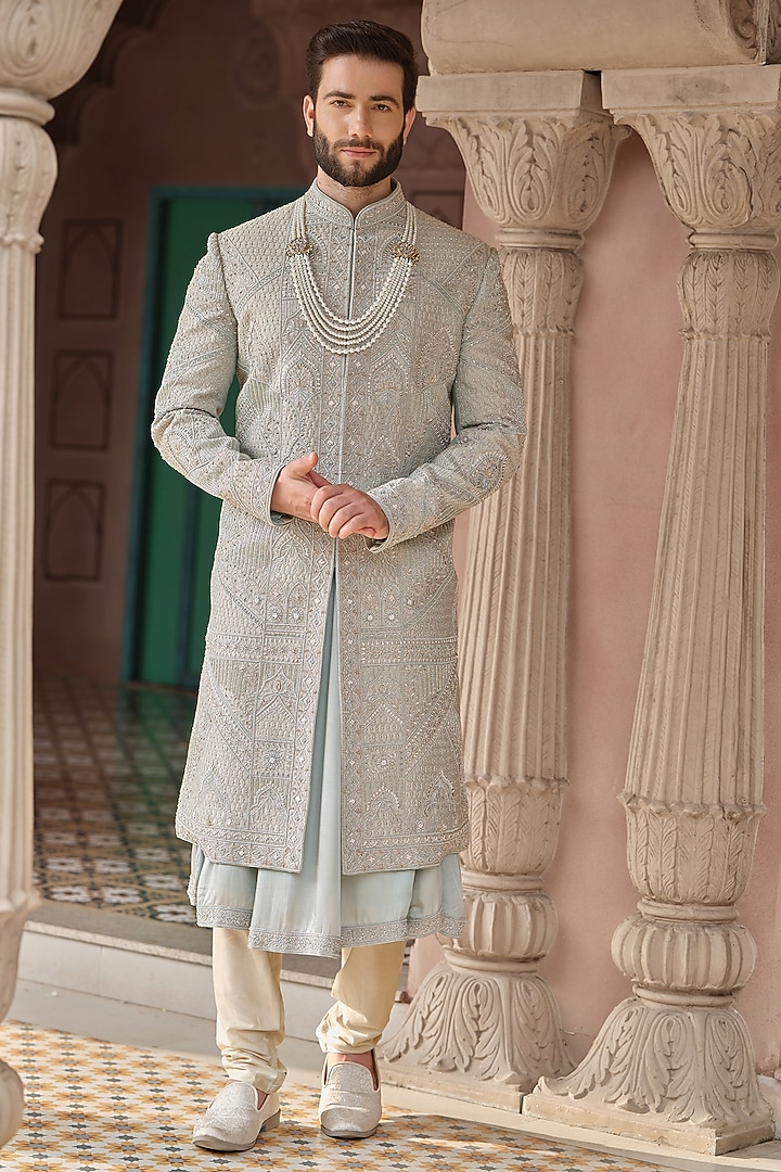 Sage Green Silk Cutdana Embroidered Groom Sherwani Set by RE CHANNEL at Pernia's Pop Up Shop