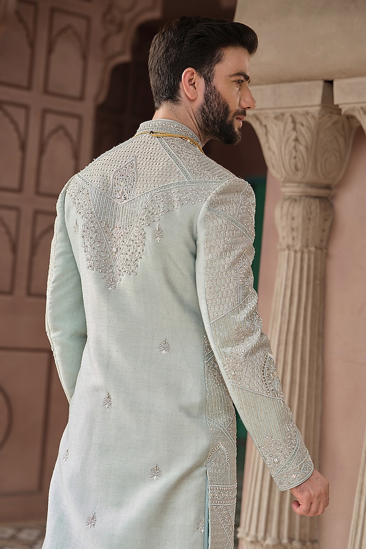 Sage Green Silk Cutdana Embroidered Groom Sherwani Set by RE CHANNEL at Pernia's Pop Up Shop