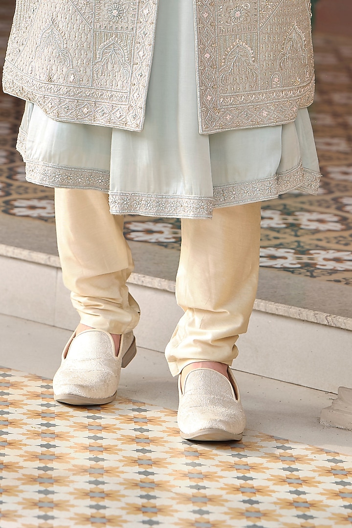 Sage Green Silk Cutdana Embroidered Groom Sherwani Set by RE CHANNEL at Pernia's Pop Up Shop