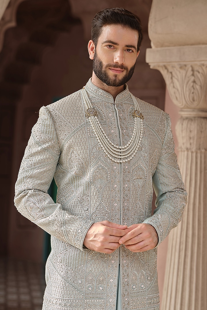 Sage Green Silk Cutdana Embroidered Groom Sherwani Set by RE CHANNEL at Pernia's Pop Up Shop