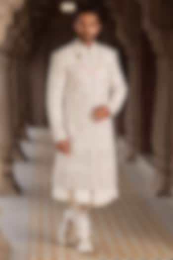 Powder Pink Silk Hand Embroidered Groom Sherwani Set by RE CHANNEL at Pernia's Pop Up Shop