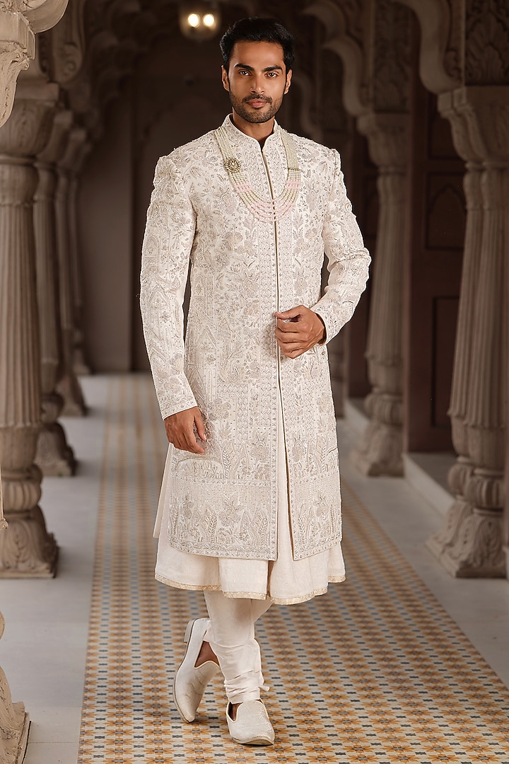 Powder Pink Silk Hand Embroidered Groom Sherwani Set by RE CHANNEL at Pernia's Pop Up Shop