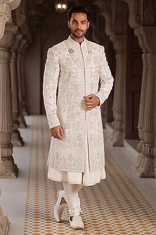 Powder Pink Silk Hand Embroidered Sherwani Set by RE CHANNEL