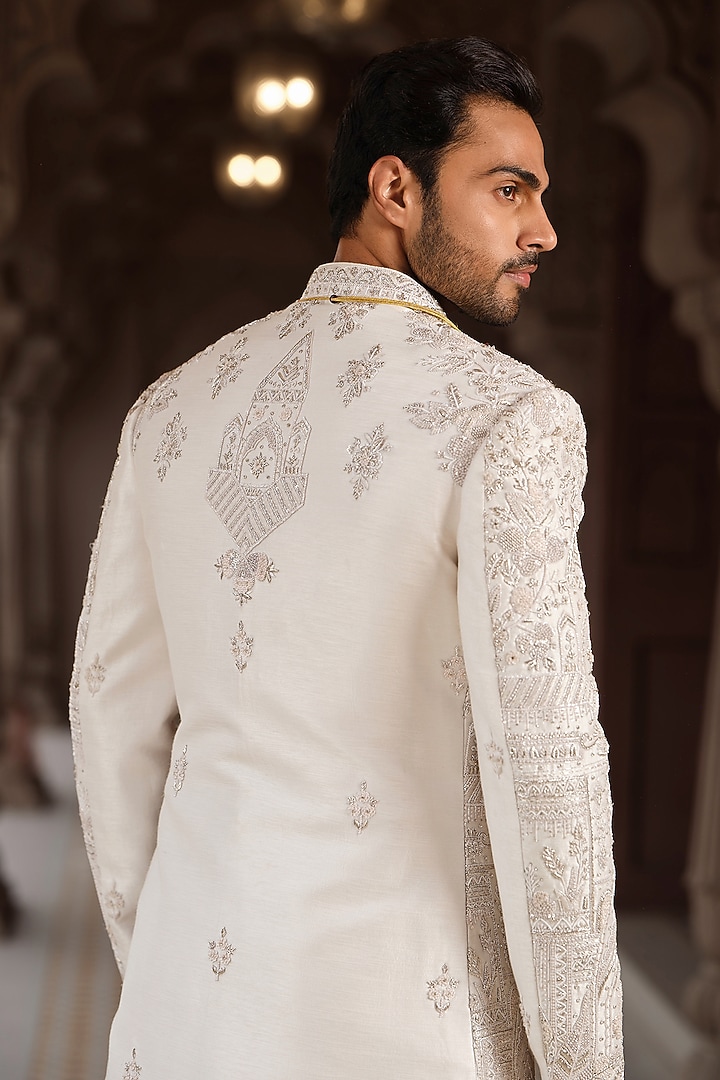 Powder Pink Silk Hand Embroidered Groom Sherwani Set by RE CHANNEL at Pernia's Pop Up Shop