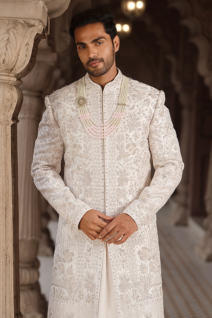 Powder Pink Silk Hand Embroidered Groom Sherwani Set by RE CHANNEL at Pernia's Pop Up Shop