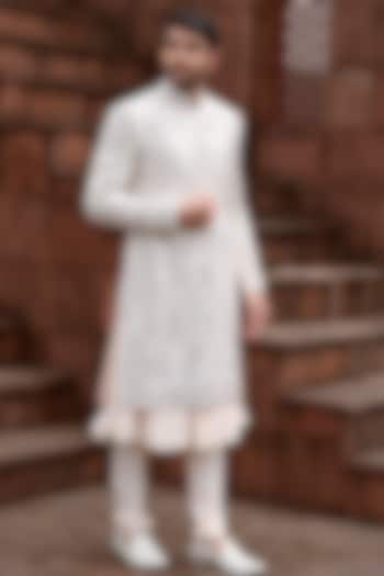 Peach Silk Handwork Groom Sherwani Set by RE CHANNEL at Pernia's Pop Up Shop