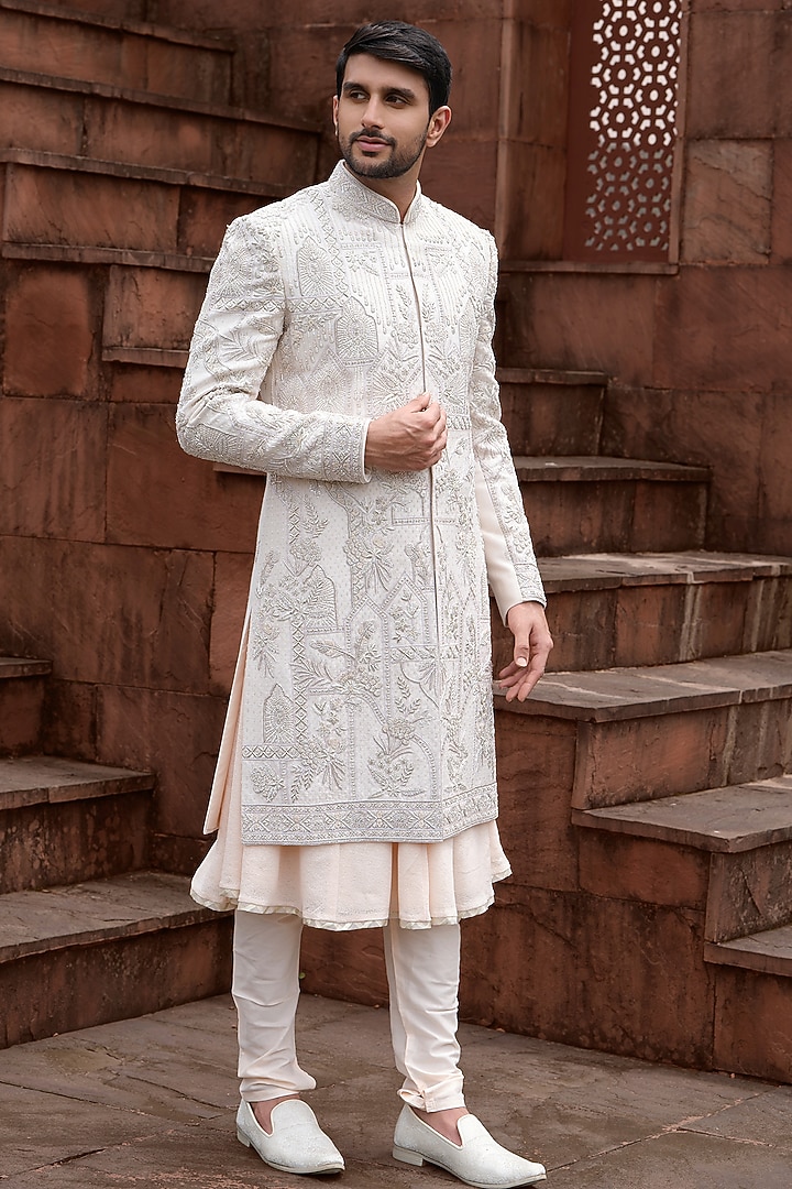 Peach Silk Handwork Groom Sherwani Set by RE CHANNEL at Pernia's Pop Up Shop