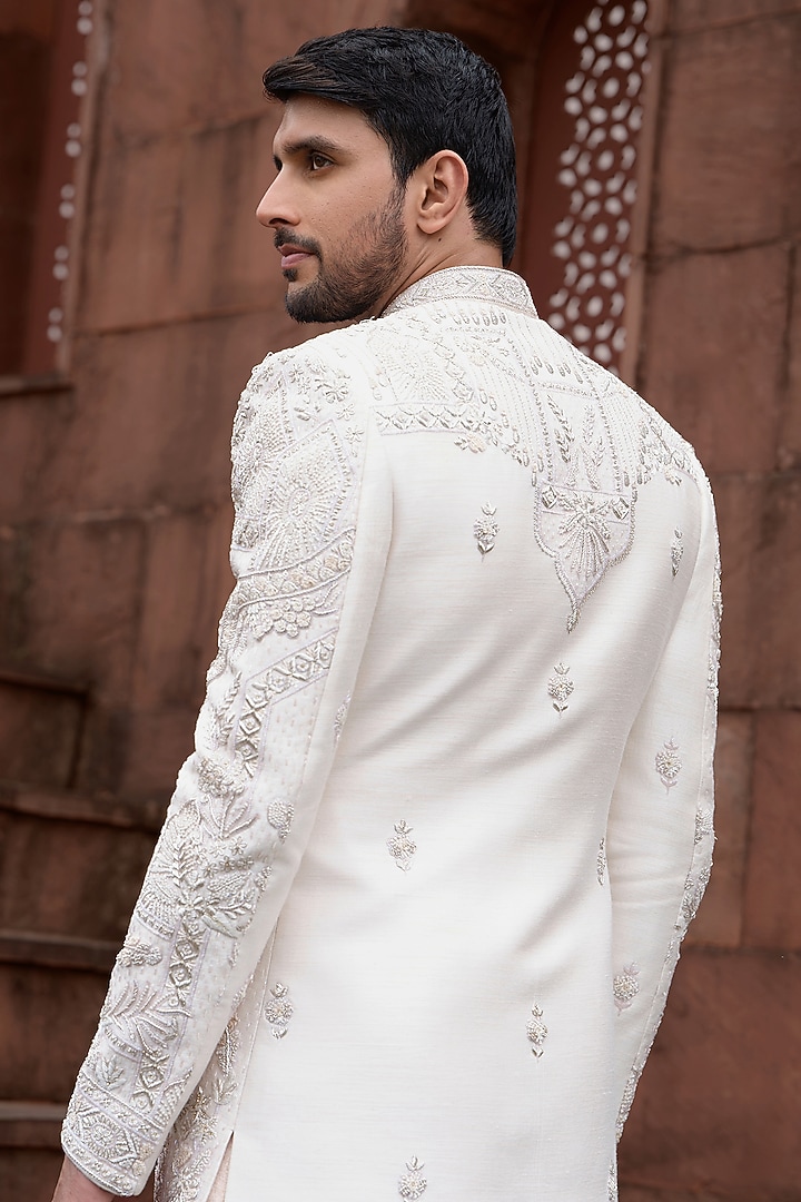Peach Silk Handwork Groom Sherwani Set by RE CHANNEL at Pernia's Pop Up Shop