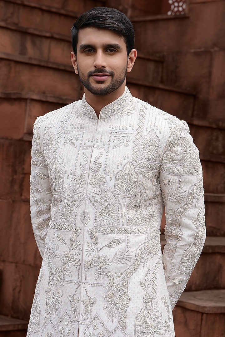 Peach Silk Handwork Groom Sherwani Set by RE CHANNEL at Pernia's Pop Up Shop