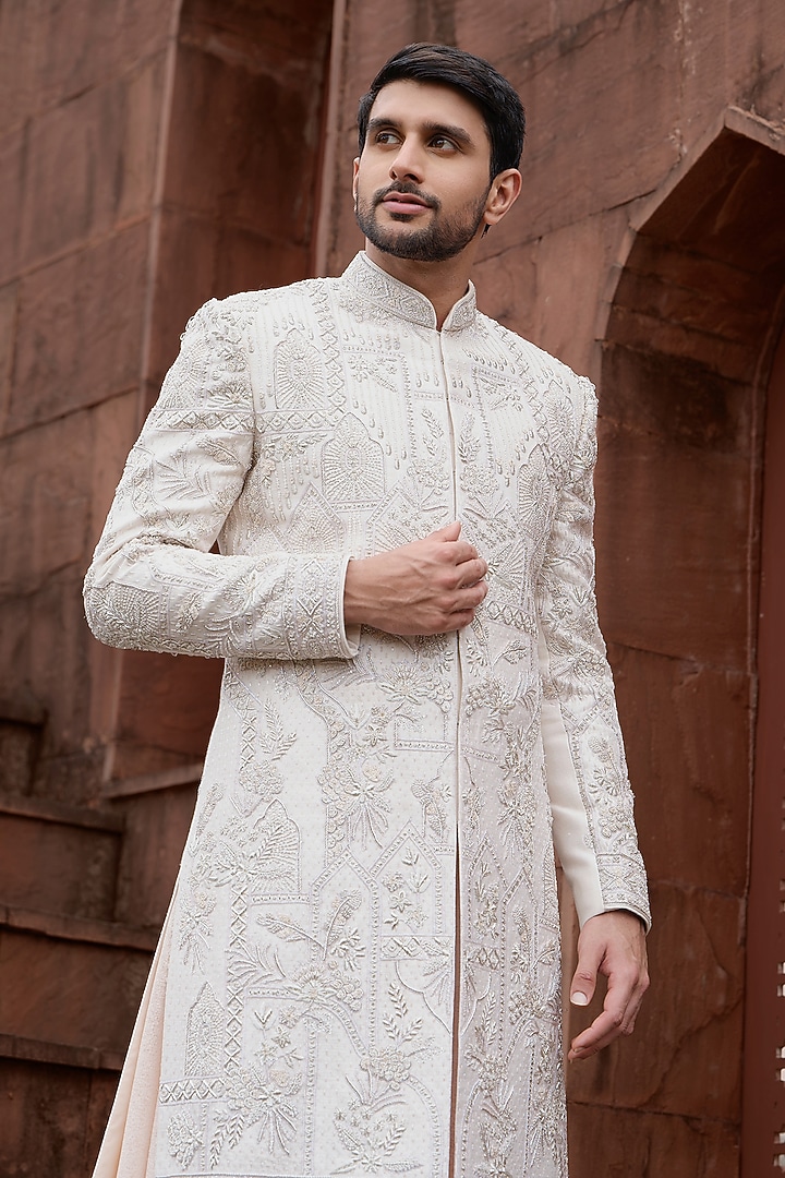Peach Silk Handwork Groom Sherwani Set by RE CHANNEL at Pernia's Pop Up Shop