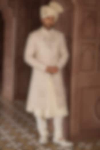 Butter Cream Silk Pitta Work Groom Sherwani Set by RE CHANNEL at Pernia's Pop Up Shop