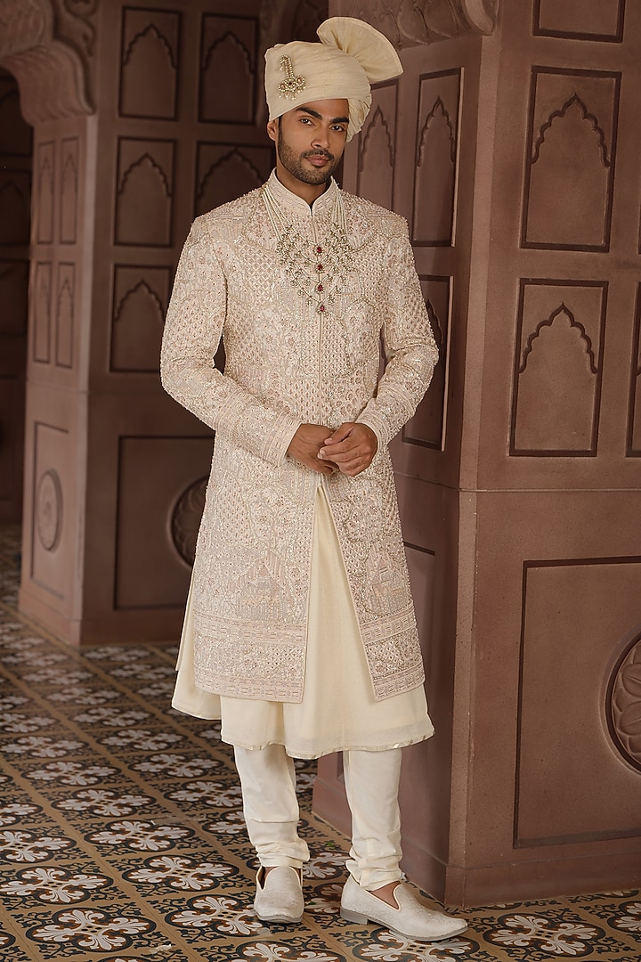 Butter Cream Silk Pitta Work Groom Sherwani Set by RE CHANNEL at Pernia's Pop Up Shop