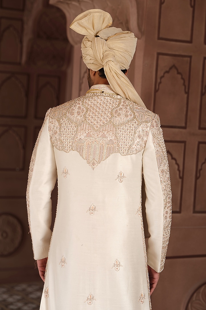 Butter Cream Silk Pitta Work Groom Sherwani Set by RE CHANNEL at Pernia's Pop Up Shop