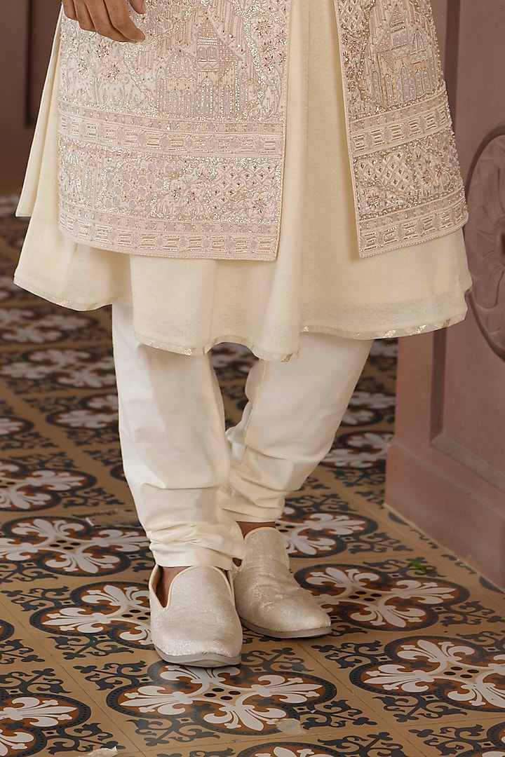 Butter Cream Silk Pitta Work Groom Sherwani Set by RE CHANNEL at Pernia's Pop Up Shop