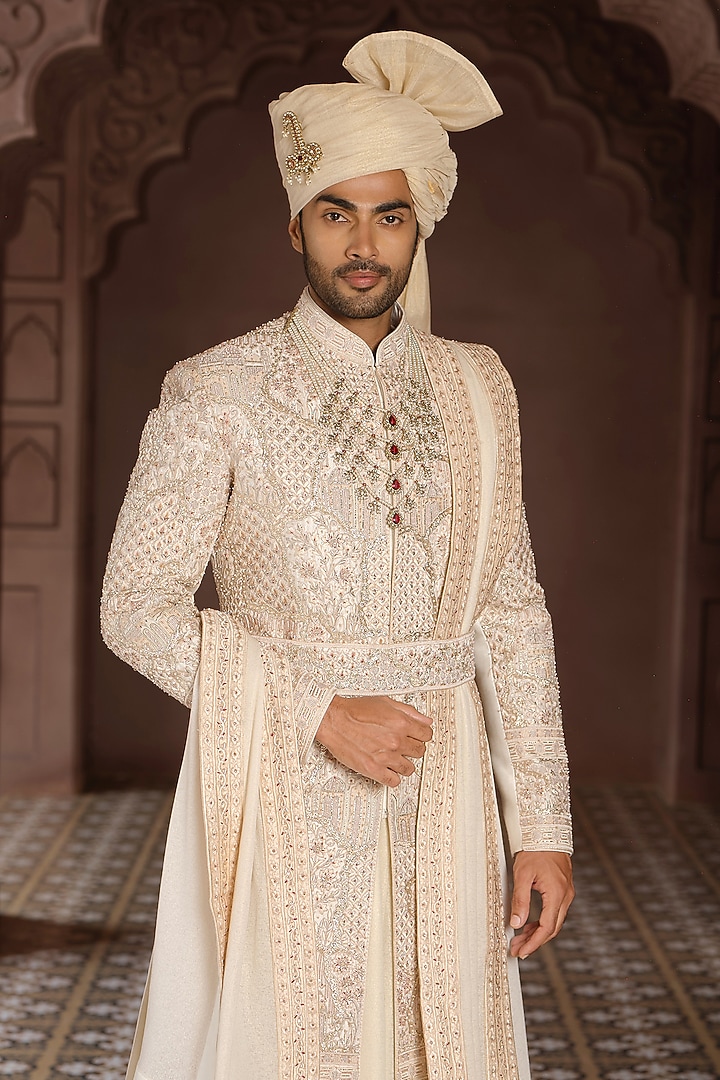 Butter Cream Silk Pitta Work Groom Sherwani Set by RE CHANNEL at Pernia's Pop Up Shop
