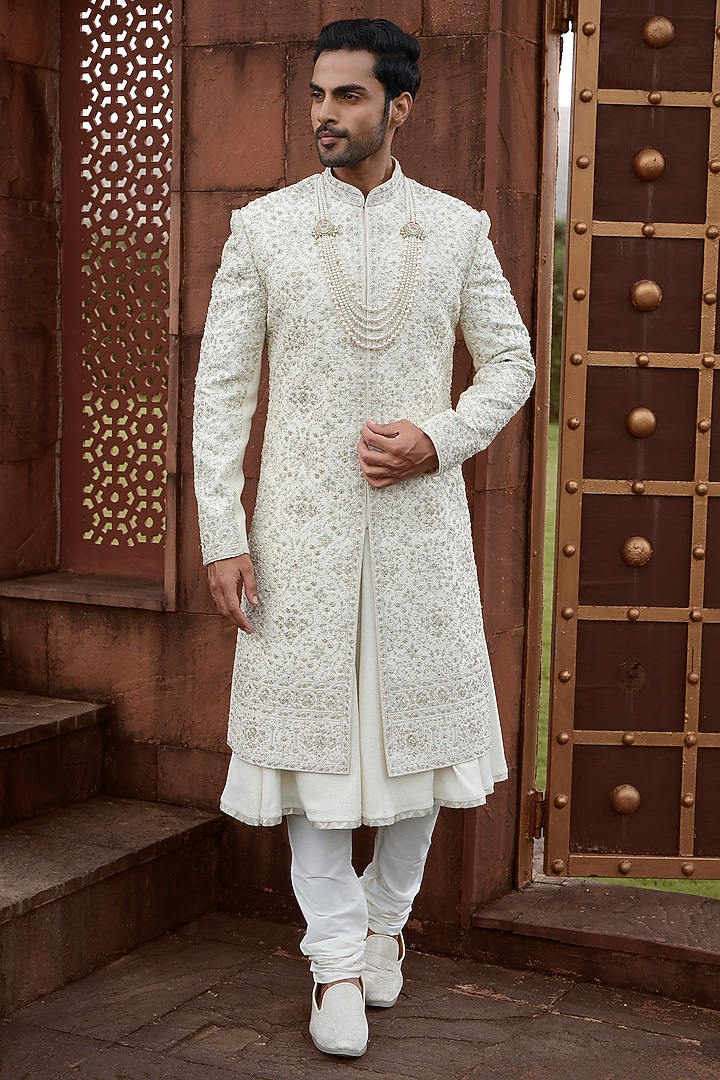 Light Gold Silk Cutdana Embroidered Groom Sherwani Set by RE CHANNEL at Pernia's Pop Up Shop