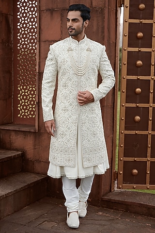 Light Gold Silk Cutdana Embroidered Sherwani Set by RE CHANNEL