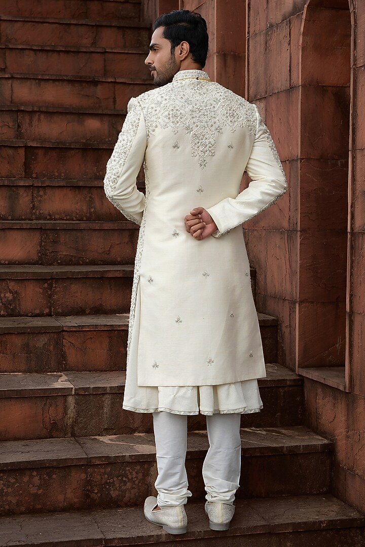 Light Gold Silk Cutdana Embroidered Groom Sherwani Set by RE CHANNEL at Pernia's Pop Up Shop