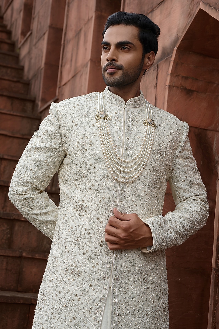 Light Gold Silk Cutdana Embroidered Groom Sherwani Set by RE CHANNEL at Pernia's Pop Up Shop
