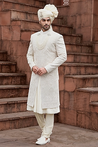 Gold Tissue Resham Embroidered Sherwani Set by RE CHANNEL