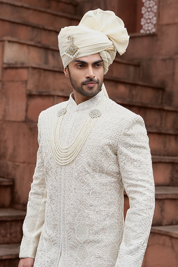 Gold Tissue Resham Embroidered Wedding Sherwani Set by RE CHANNEL at Pernia's Pop Up Shop