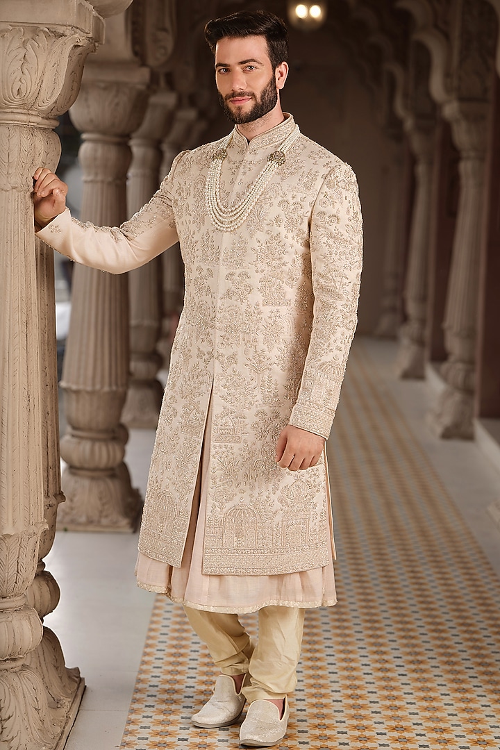 Gold Tissue Kora Work Groom Sherwani Set by RE CHANNEL at Pernia's Pop Up Shop