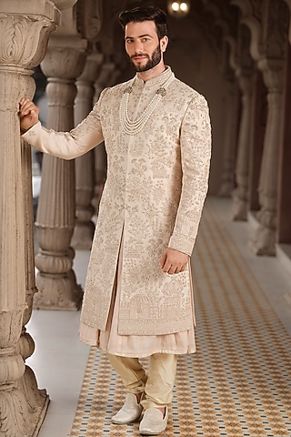 Gold Tissue Kora Work Sherwani Set by RE CHANNEL