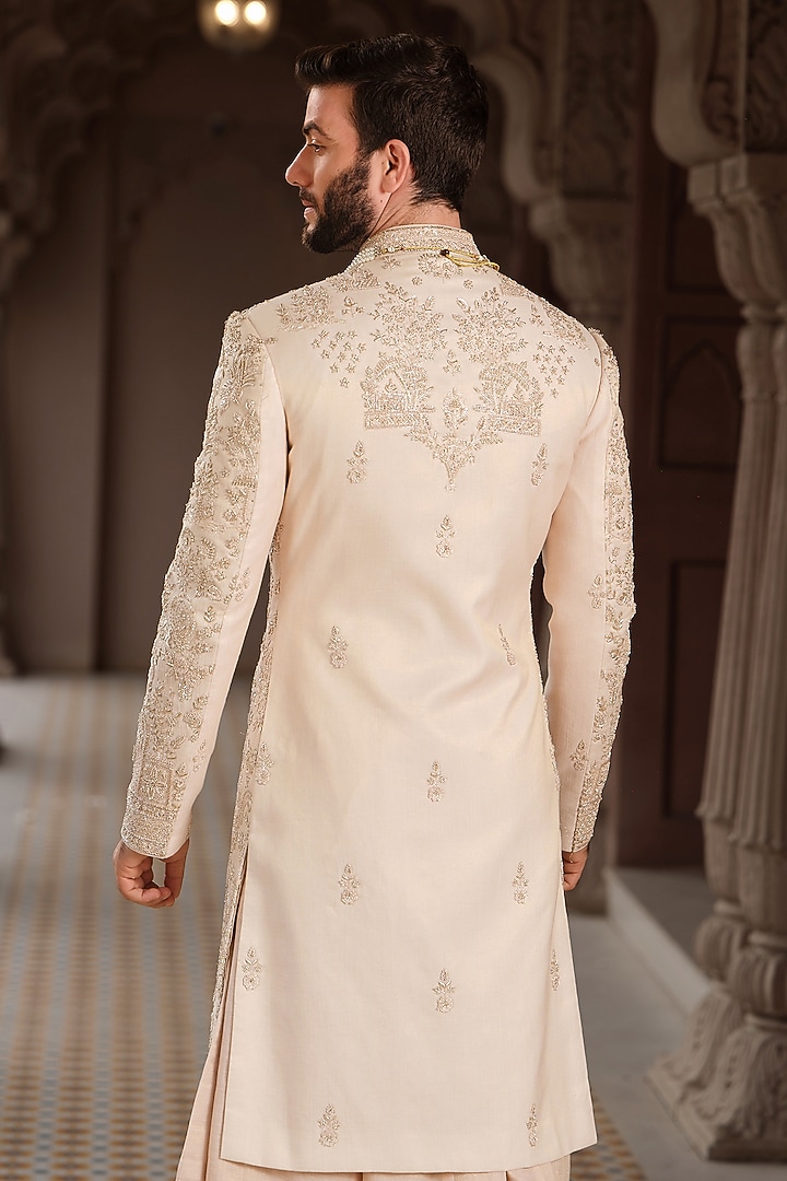 Gold Tissue Kora Work Groom Sherwani Set by RE CHANNEL at Pernia's Pop Up Shop