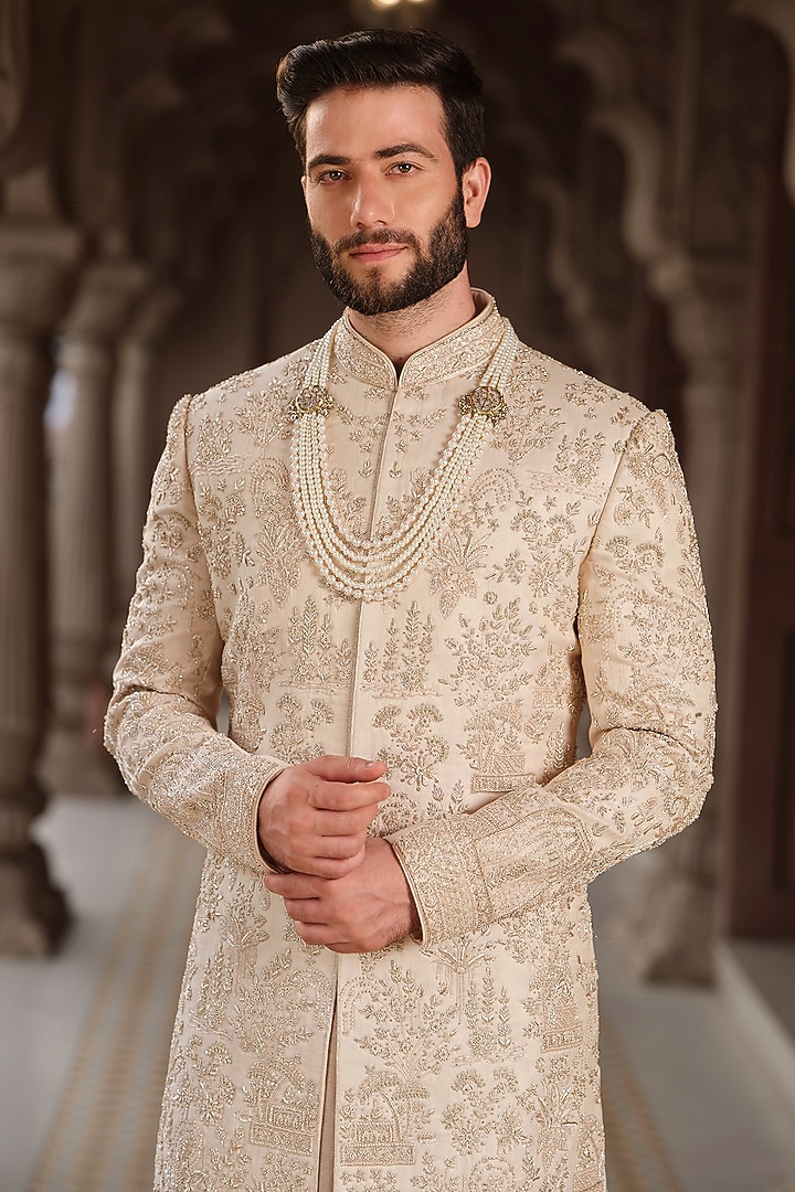 Gold Tissue Kora Work Groom Sherwani Set by RE CHANNEL at Pernia's Pop Up Shop