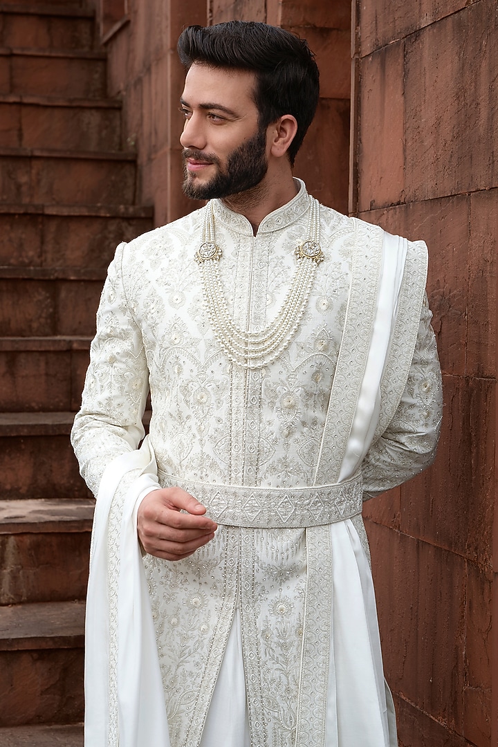 Ivory Silk Resham Work Wedding Sherwani Set by RE CHANNEL at Pernia's Pop Up Shop