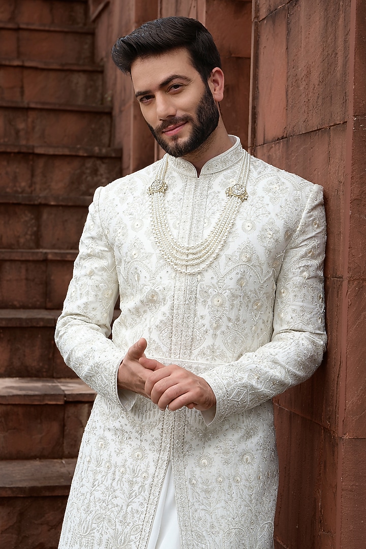 Ivory Silk Resham Work Wedding Sherwani Set by RE CHANNEL at Pernia's Pop Up Shop