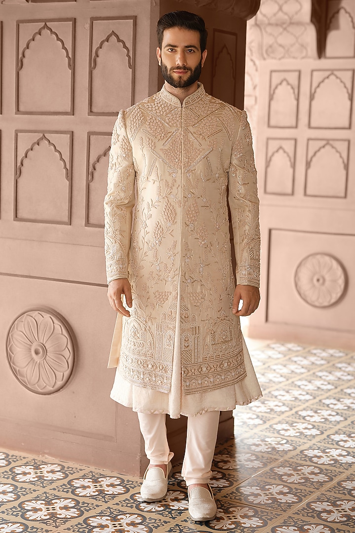 Gold Tissue Handwork Groom Sherwani Set by RE CHANNEL at Pernia's Pop Up Shop