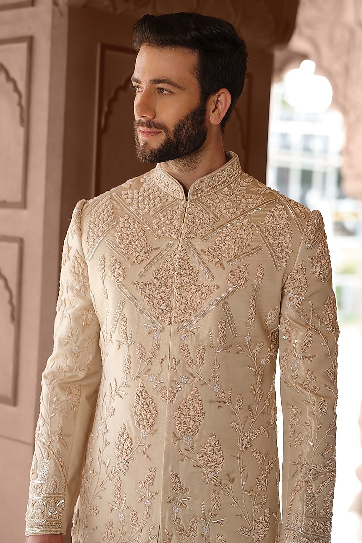 Gold Tissue Handwork Groom Sherwani Set by RE CHANNEL at Pernia's Pop Up Shop