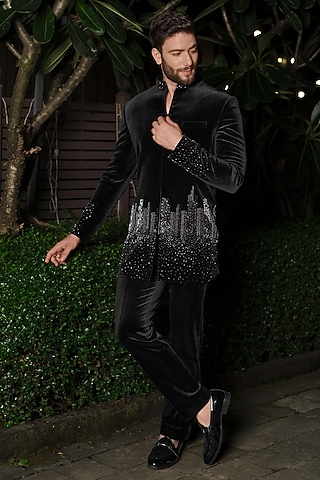 Black Velvet Cutdana Embellished Indowestern Set by RE CHANNEL