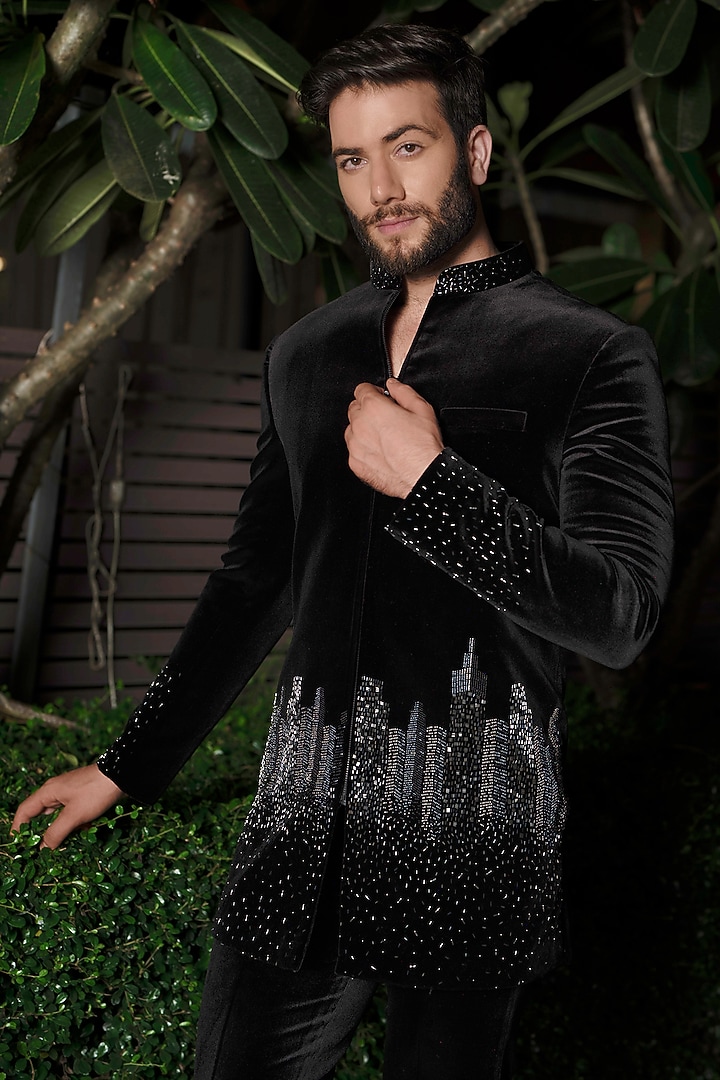 Black Velvet Cutdana Embellished Wedding Indowestern Set by RE CHANNEL at Pernia's Pop Up Shop