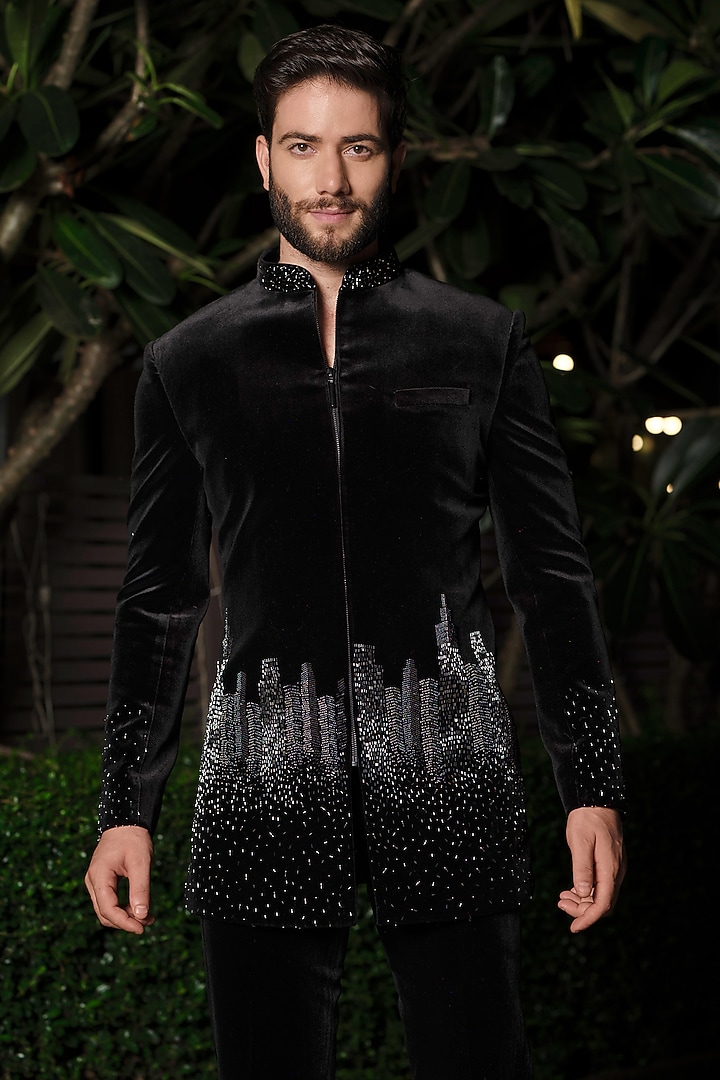Black Velvet Cutdana Embellished Wedding Indowestern Set by RE CHANNEL at Pernia's Pop Up Shop