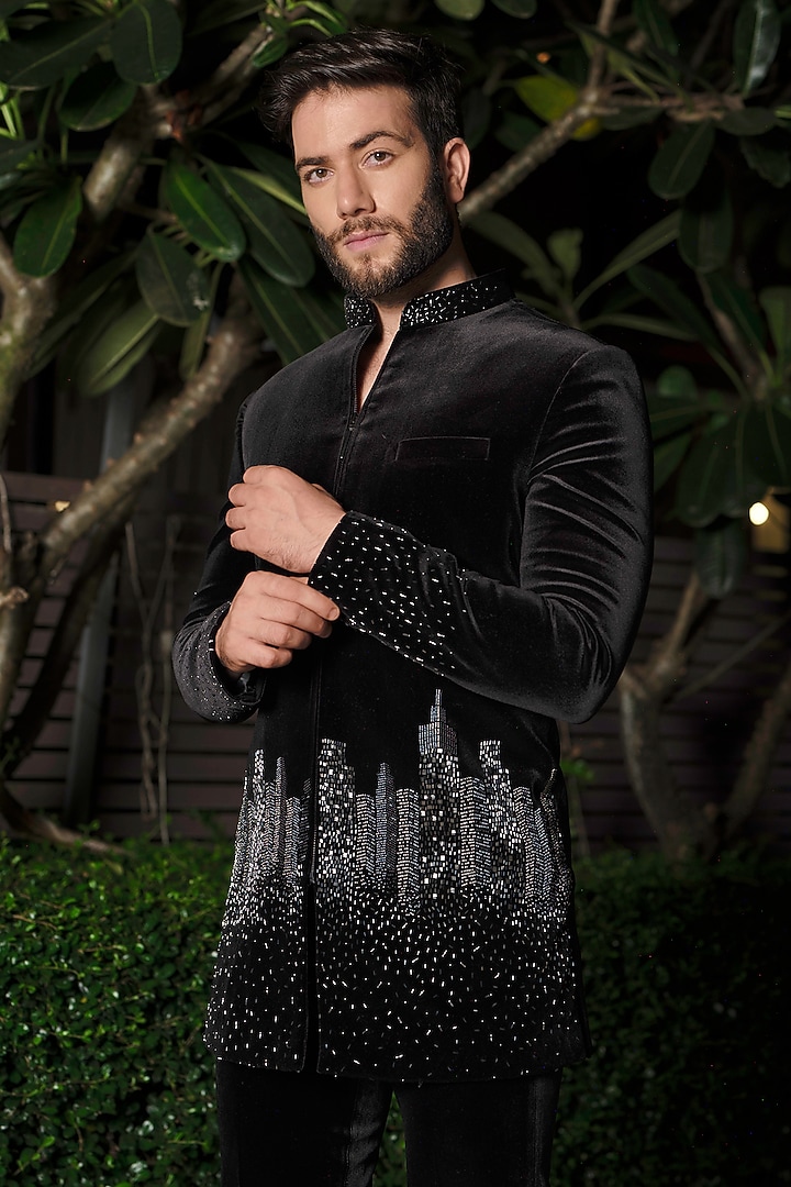 Black Velvet Cutdana Embellished Wedding Indowestern Set by RE CHANNEL at Pernia's Pop Up Shop
