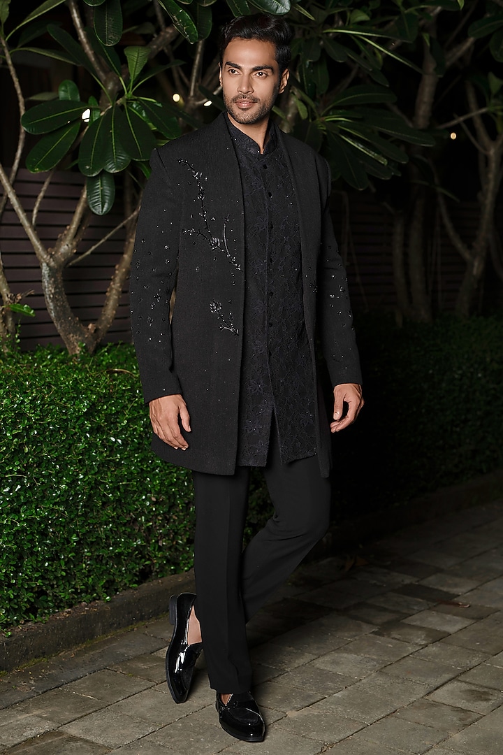 Black Imported Fabric Cutdana Embroidered Wedding Indowestern Set by RE CHANNEL at Pernia's Pop Up Shop