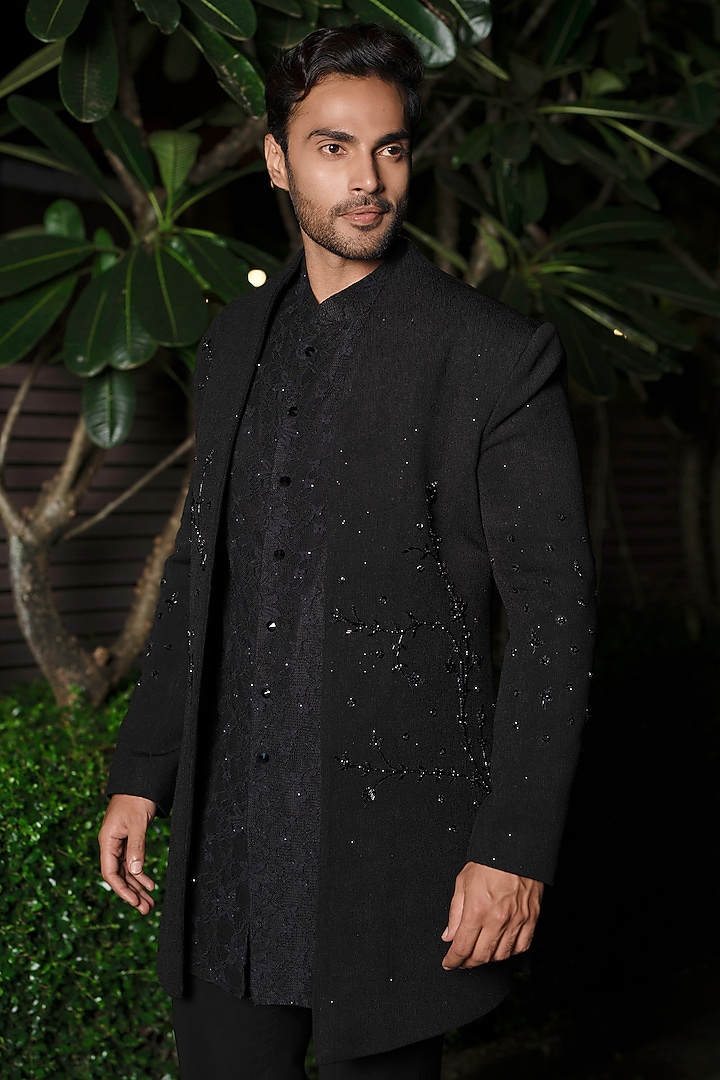 Black Imported Fabric Cutdana Embroidered Wedding Indowestern Set by RE CHANNEL at Pernia's Pop Up Shop
