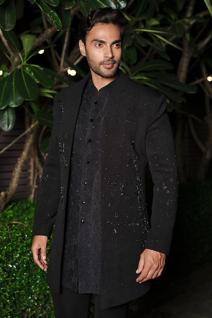 Black Imported Fabric Cutdana Embroidered Wedding Indowestern Set by RE CHANNEL at Pernia's Pop Up Shop