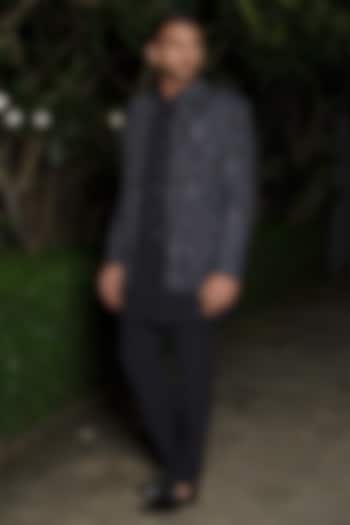 Navy Blue Imported Fabric Embroidered Wedding Indowestern Set by RE CHANNEL at Pernia's Pop Up Shop