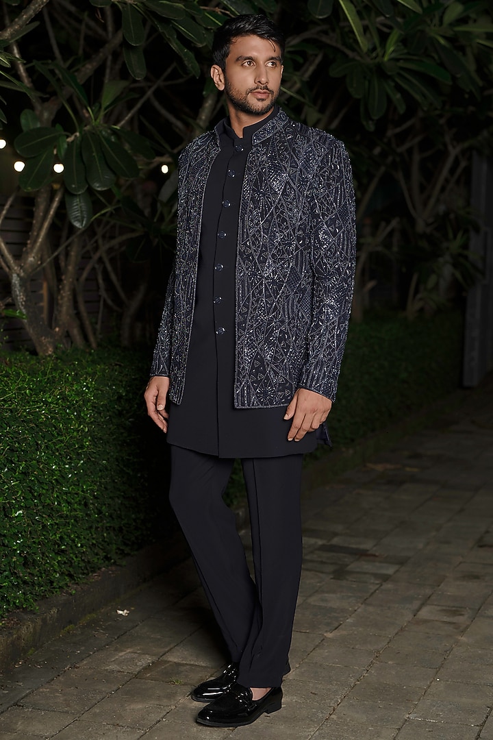 Navy Blue Imported Fabric Embroidered Wedding Indowestern Set by RE CHANNEL at Pernia's Pop Up Shop