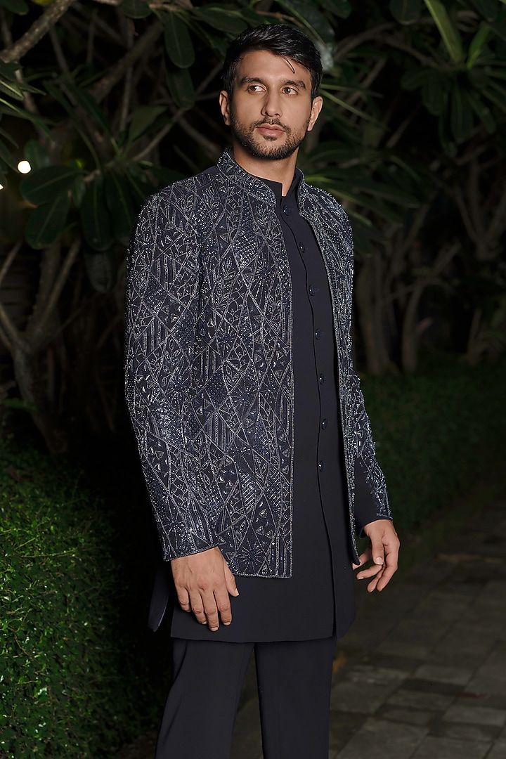Navy Blue Imported Fabric Embroidered Wedding Indowestern Set by RE CHANNEL at Pernia's Pop Up Shop